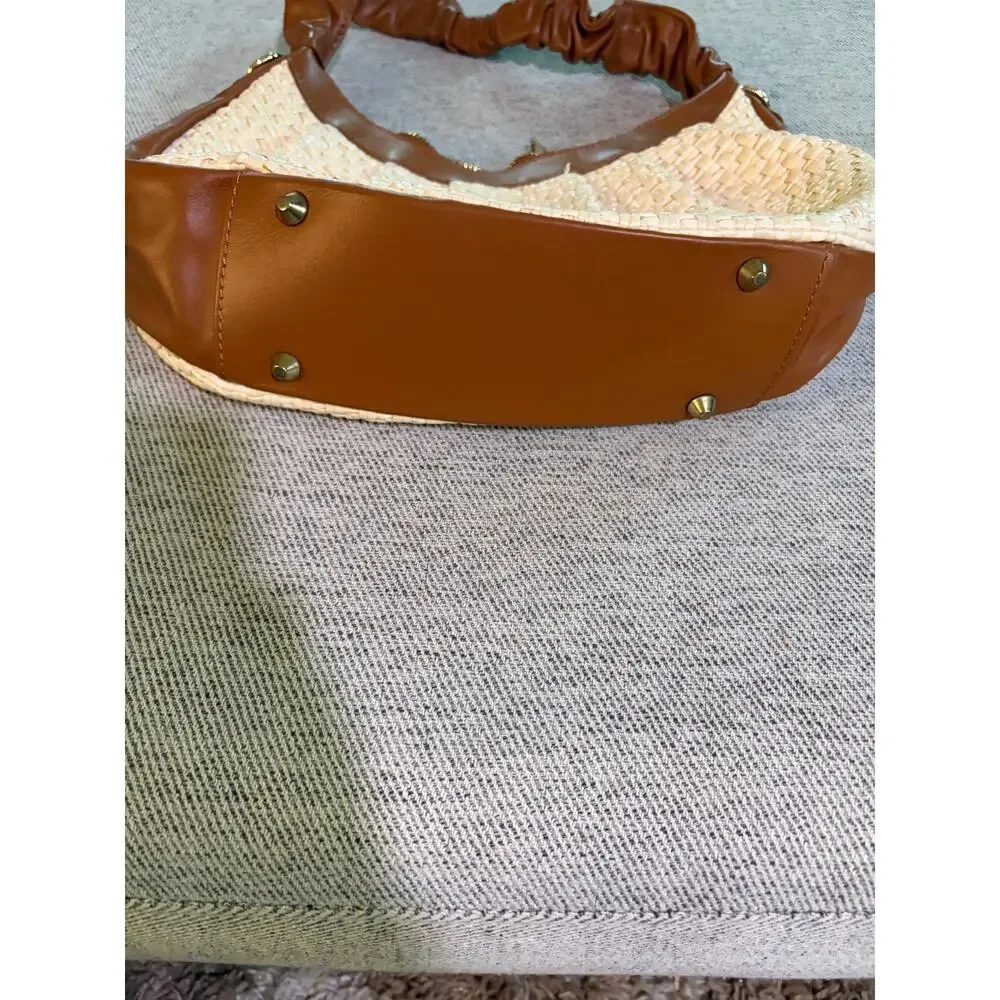 Valentino Fiore woven straw & cognac leather hobo bag